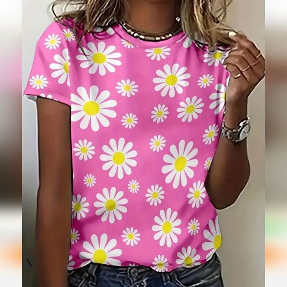 Pretty in Pink Daisy Print Crew Neck T-Shirt Sz 6 - Picture 1 of 3
